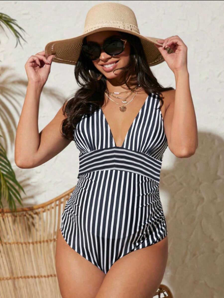 SHEIN 孕妇条纹印花低胸连体泳衣夏季海滩 - 黑與白 - 查看 1