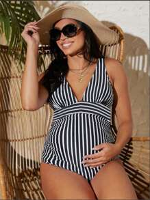 SHEIN 孕妇条纹印花低胸连体泳衣夏季海滩 - 黑與白 - 查看 3