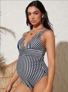 SHEIN 孕妇条纹印花低胸连体泳衣夏季海滩 - 黑與白 - 查看 4