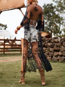 Floral Embroidery Mesh Flounce Sleeve Sheer Kimono For Summer Beach Vacation - Black - View 2