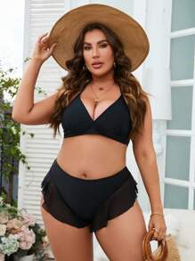 Swim SXY Summer Beach Plus Contrast Mesh Ruffle Hem Bikini Bottom - Black - View 4