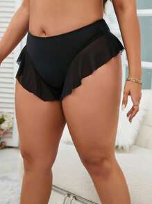 Swim SXY Summer Beach Plus Contrast Mesh Ruffle Hem Bikini Bottom - Black - View 5