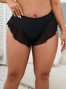Swim SXY Summer Beach Plus Contrast Mesh Ruffle Hem Bikini Bottom - Black - View 6