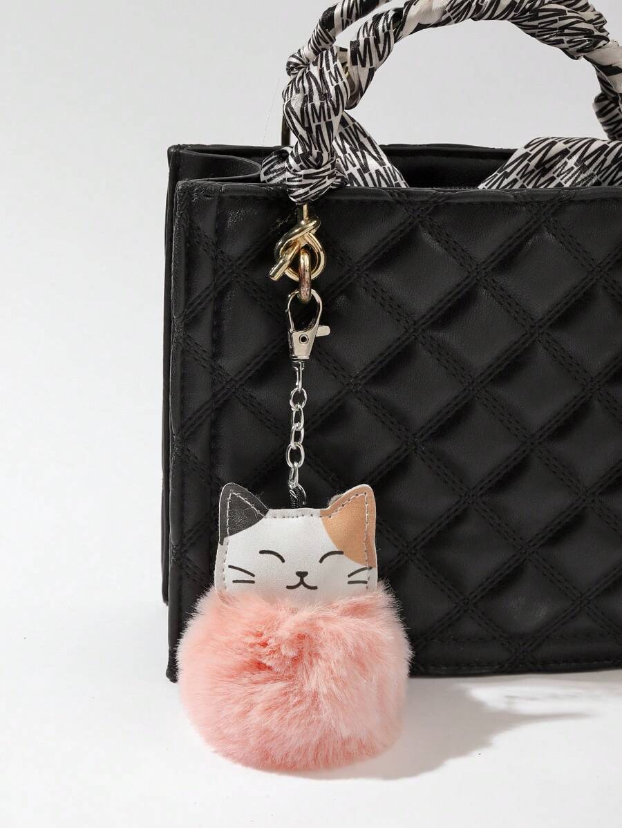 卡通猫和绒球装饰包饰可爱风格包包配饰配饰装饰适合少女女士大学生新秀和白领人士礼物汽车配饰女士猫钥匙扣兽人 - 彩色 - 查看 1