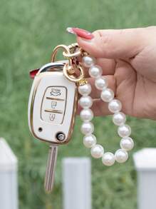 1set Car Key Case & Faux Pearl Decor Keychain Compatible With Hyundai, Key Fob Cover - Multicolor - View 2