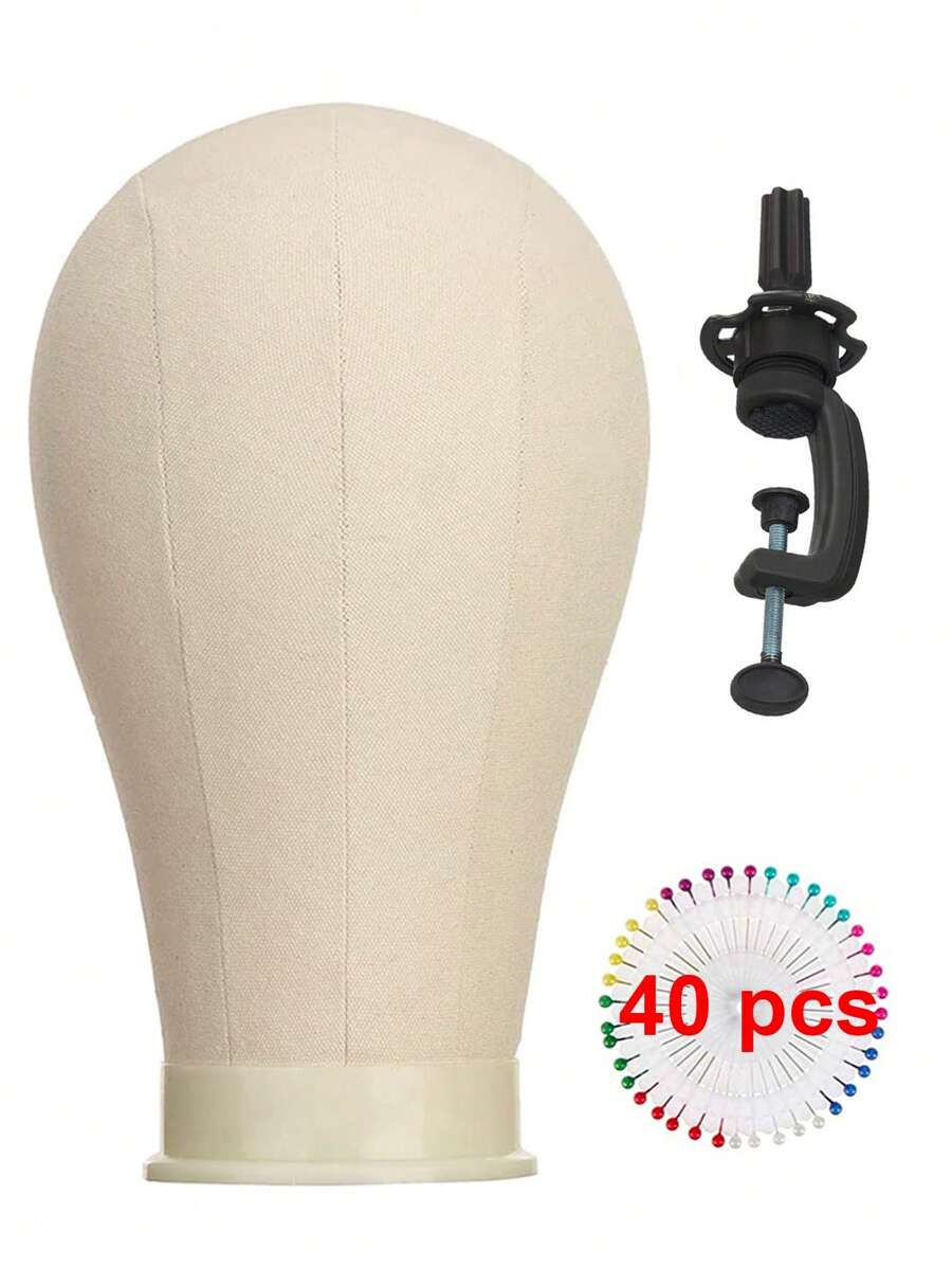 Cabeza de peluca de lona de 22 pulgadas con soporte, cabeza de maniquí para pelucas, set 40 pines - Blanco - Ver 1