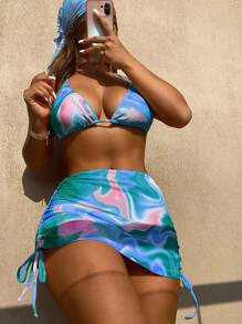 4packs Fluid Pattern Halter Bikini & Beach Skirt & Kerchief - Multicolor - View 1