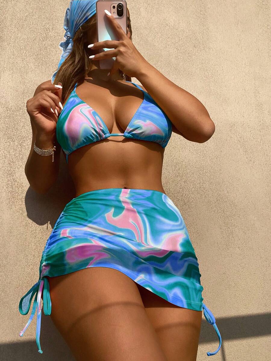 4packs Fluid Pattern Halter Bikini & Beach Skirt & Kerchief - Multicolor - View 1