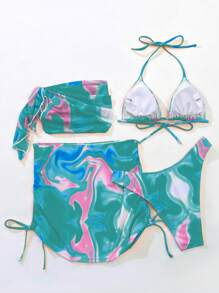 4packs Fluid Pattern Halter Bikini & Beach Skirt & Kerchief - Multicolor - View 4
