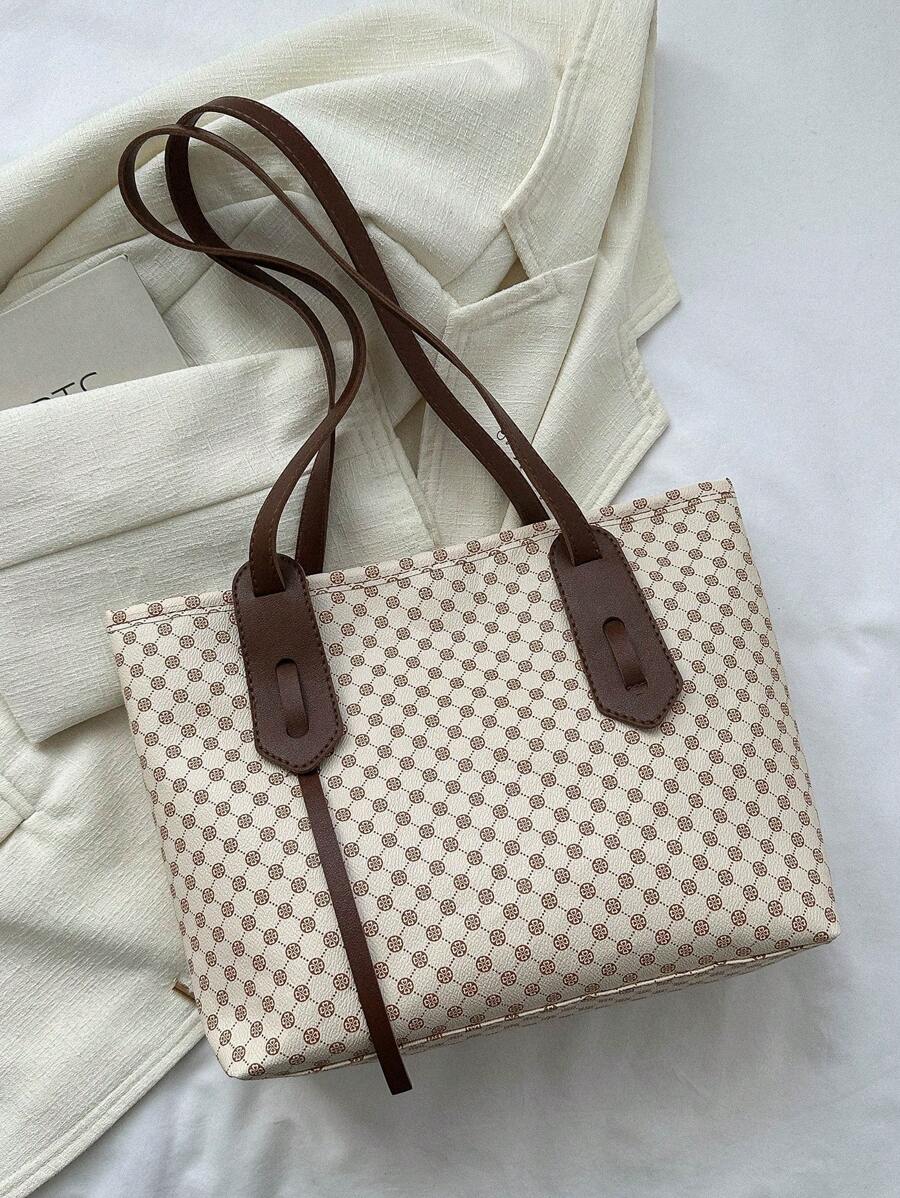 Small Geometric Pattern Tote Bag Zipper Fashion - Beige - View 1