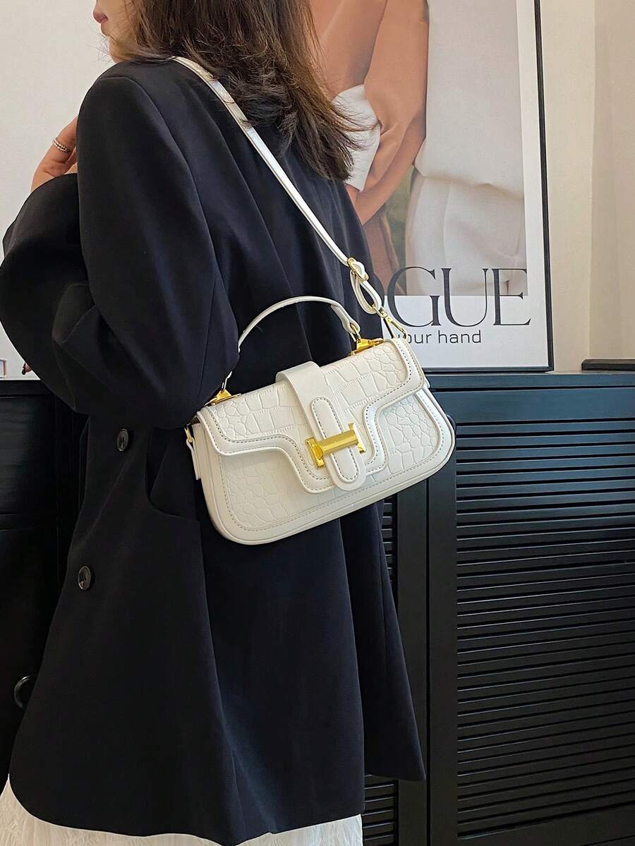 Small Square Bag White Crocodile Embossed Flap PU Fashion - White - View 1