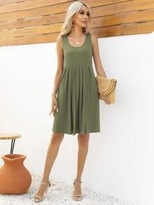 Solid Pleated Dress - Olive Green - View 3