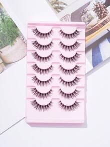 7 对/套全条假睫毛，欧美风格，自然外观，浓密，蓬松，仿 3D 立体效果，尖尾，非常细的黑色茎，清晰分离，轻盈，柔软，无负担，不刺激，迷人眼妆，可重复使用，日常和通勤必备，便携，易于粘贴，5-12 毫米条状睫毛，睫毛，睫毛，假睫毛 - 黑色 - 查看 3