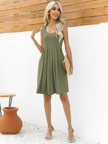Solid Pleated Dress - Olive Green - View 4