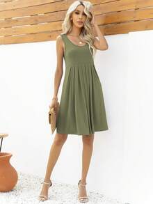 Solid Pleated Dress - Olive Green - View 5