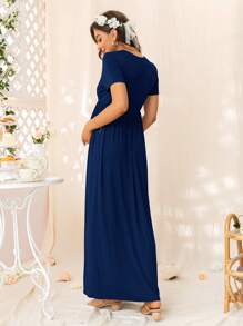DEARCASE Maternity Solid V Neck Dress - Navy Blue - View 2