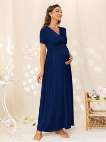 DEARCASE Maternity Solid V Neck Dress - Navy Blue - View 5