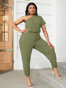 DEARCASE Jumpsuits Plus Size Dây kéo Xù màu trơn Giải trí - xanh quân đội - Xem 1