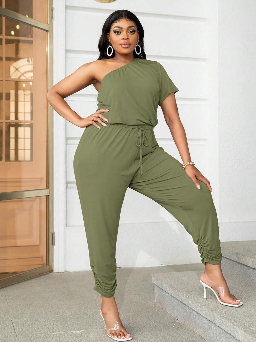 DEARCASE Jumpsuits Plus Size Dây kéo Xù màu trơn Giải trí - xanh quân đội - Xem 1