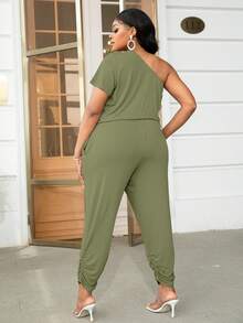 DEARCASE Jumpsuits Plus Size Dây kéo Xù màu trơn Giải trí - xanh quân đội - Xem 2