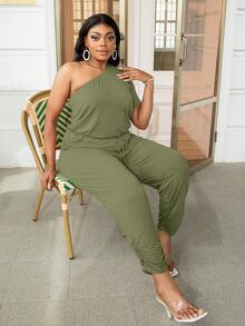 DEARCASE Jumpsuits Plus Size Dây kéo Xù màu trơn Giải trí - xanh quân đội - Xem 4