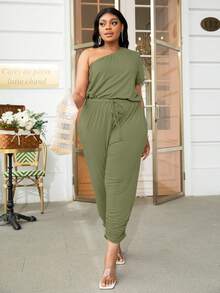 DEARCASE Jumpsuits Plus Size Dây kéo Xù màu trơn Giải trí - xanh quân đội - Xem 5