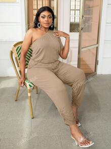 DEARCASE Plus One Shoulder Drawstring Waist Ruched Hem Jumpsuit