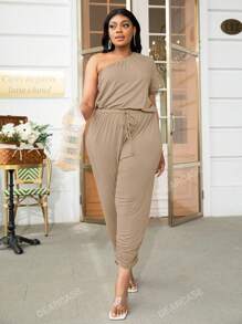 DEARCASE Plus One Shoulder Drawstring Waist Ruched Hem Jumpsuit