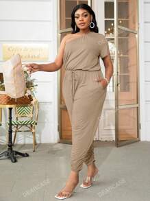 DEARCASE Plus One Shoulder Drawstring Waist Ruched Hem Jumpsuit