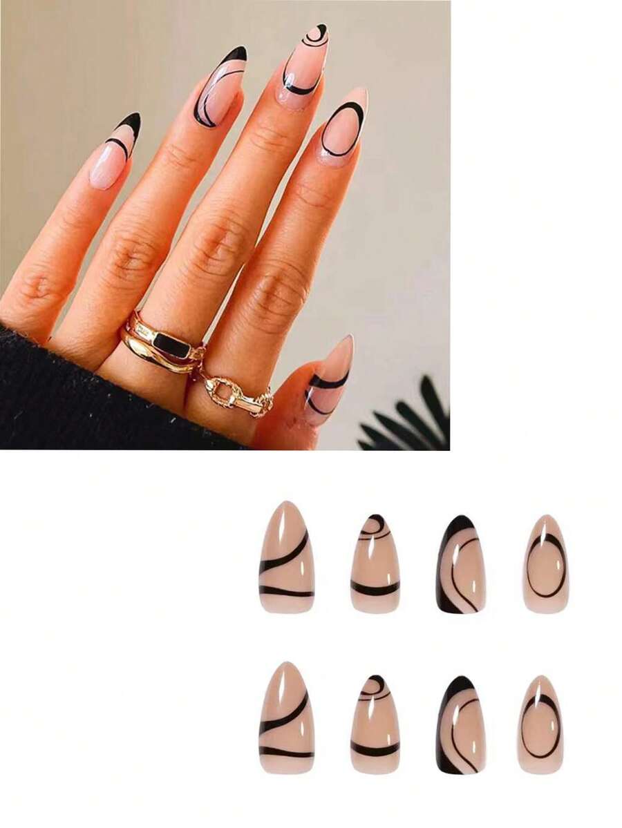 Upgrade Your Look With 1box Almond Striped Full Cover Fake Nail Kit - Black and White - View 1