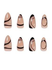 Upgrade Your Look With 1box Almond Striped Full Cover Fake Nail Kit - Black and White - View 2