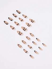 Upgrade Your Look With 1box Almond Striped Full Cover Fake Nail Kit - Black and White - View 4