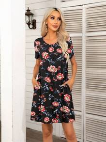 DEARCASE Floral Print Hidden Pocket Tee Dress - Multicolor - View 1