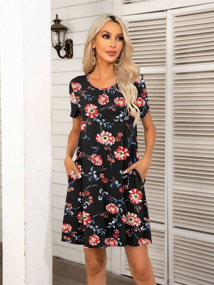 DEARCASE Floral Print Hidden Pocket Tee Dress - Multicolor - View 1