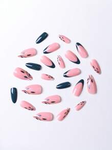 Upgrade Your Look With 24pcs Short Almond Leaf Pattern Full Cover Fake Nail Kit - Multicolor - View 4