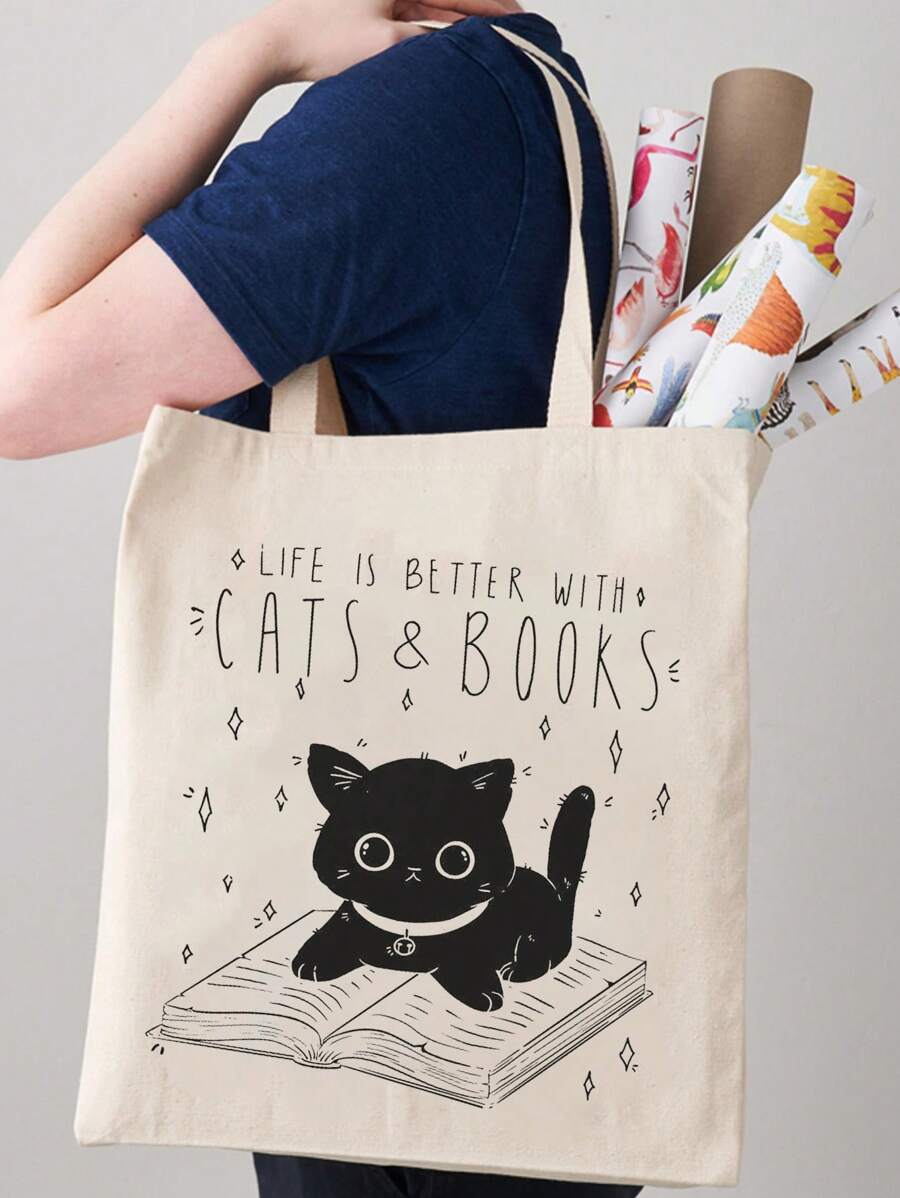 VOESETO中號手提袋，貓咪和字母圖案，學院風雙提手 - 米色 - 查看 1