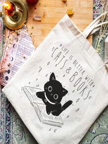 VOESETO中號手提袋，貓咪和字母圖案，學院風雙提手 - 米色 - 查看 3