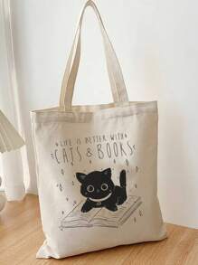 VOESETO中號手提袋，貓咪和字母圖案，學院風雙提手 - 米色 - 查看 5