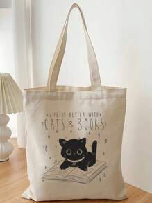 VOESETO中號手提袋，貓咪和字母圖案，學院風雙提手 - 米色 - 查看 6