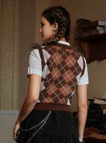 ROMWE 菱形印花毛衣背心不帶襯衫 - 棕色 - 查看 2