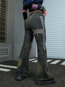 ROMWE Grunge Punk 十字架圖案毛邊緣牛仔喇叭褲 - 深色水洗藍 - 查看 2