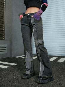 ROMWE Grunge Punk 十字架圖案毛邊緣牛仔喇叭褲 - 深色水洗藍 - 查看 4