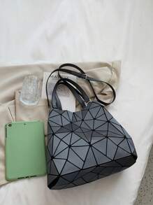 中等托特包女士2023新款時尚三角形圖案手提托特包適用於通勤,完美辦公,旅行,女士變色和鐳射包 - 灰色 - 查看 2