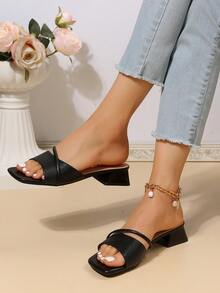 魅力四射踝帶高跟單鞋適用於緞面荷葉邊細高跟高跟鞋 - 黑色 - 查看 6