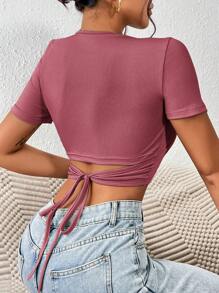 SHEIN Frenchy Camiseta crop unicolor con cordón trasero - Rosa vieja - Ver 1