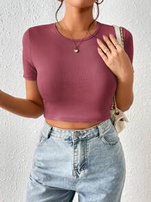 SHEIN Frenchy Camiseta crop unicolor con cordón trasero - Rosa vieja - Ver 2