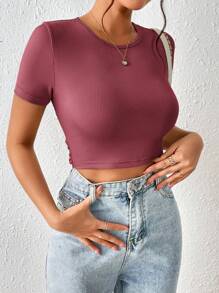 SHEIN Frenchy Camiseta crop unicolor con cordón trasero - Rosa vieja - Ver 3