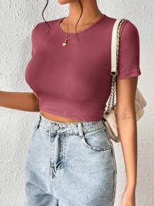 SHEIN Frenchy Camiseta crop unicolor con cordón trasero - Rosa vieja - Ver 5