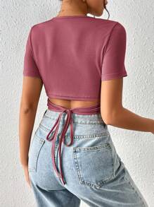 SHEIN Frenchy Camiseta crop unicolor con cordón trasero - Rosa vieja - Ver 6