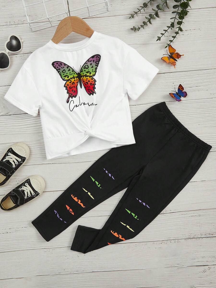 SHEIN Bộ thời trang bé gái xoắn lại Lá thư Loại bướm Giải trí - Đen và trắng - Xem 1